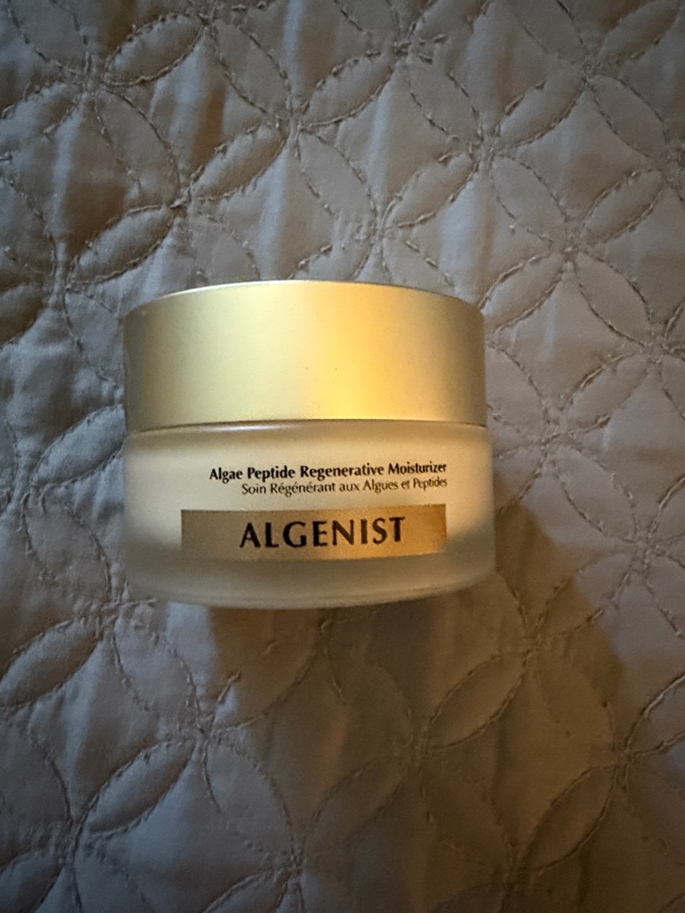 Algenist Cream Jar with Gold Label and White Frosted Glass